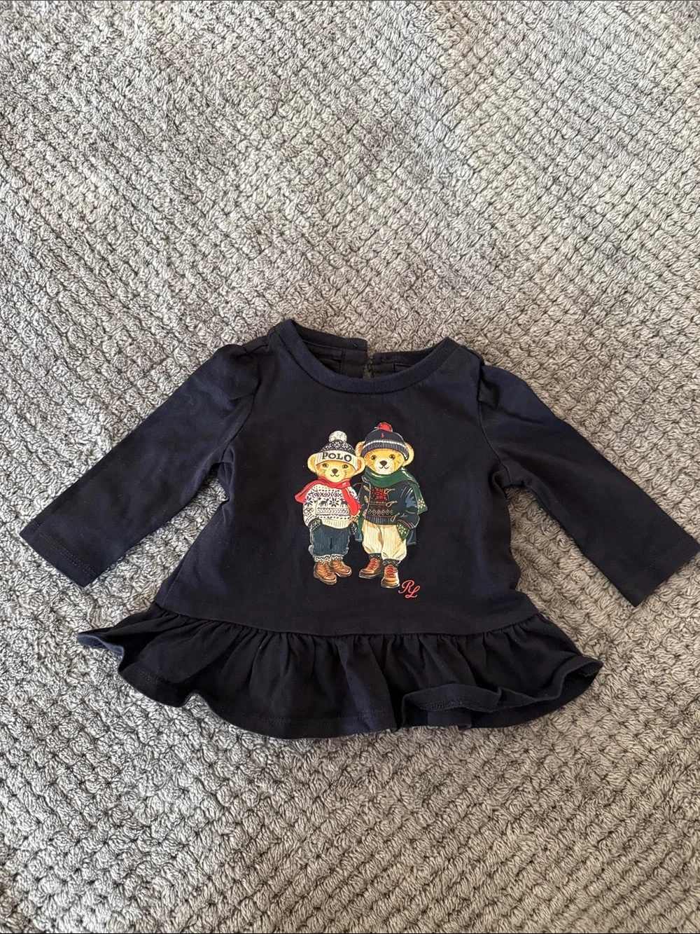 Polo Ralph Lauren Navy Bear Graphic Ruffle Hem peplum Top Size 3 months